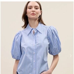 NWT Rebecca Taylor Priya SS Button Down Blue Stripe Combo Cotton Size XS